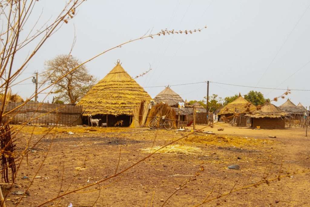 Rural homesteads scattered across a green Ugandan village landscape